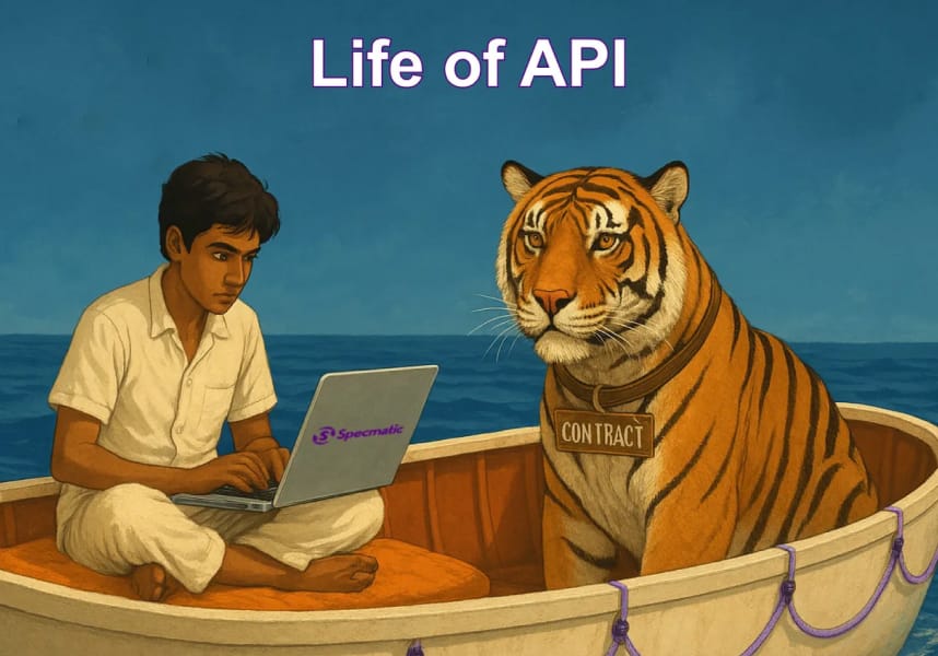 Man and tiger in boat with laptop on sea.
